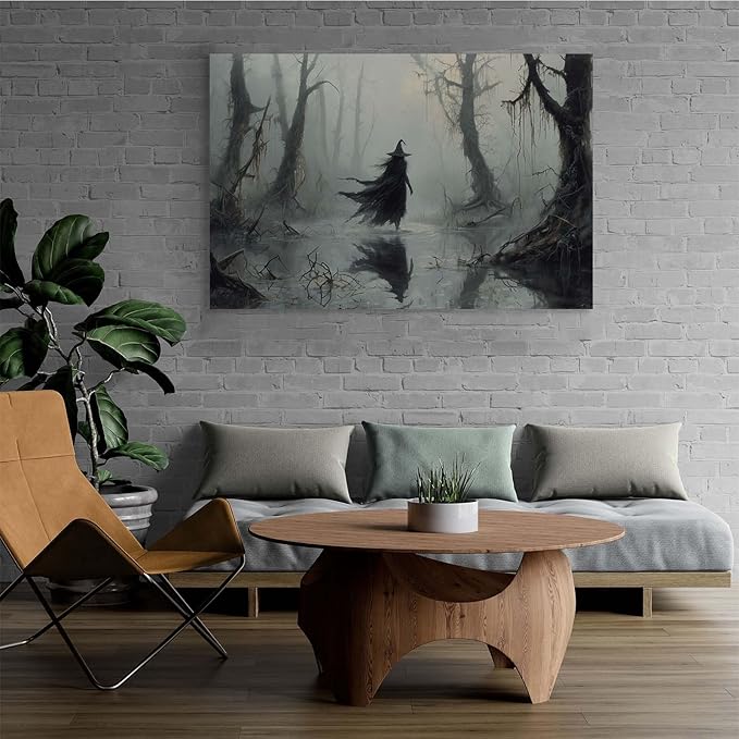 Vintage rustic swamp witch poster dark moody wall art gothic horror season halloween print for home decor retro dark moody painting28x40in Wood Framed