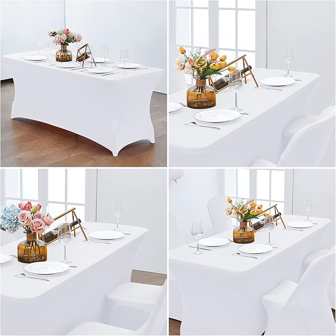 CWK 6FT 2Pcs Stretch Spandex Table Cover for Rectangular Tables - Elastic Fitted Tablecloth for Folding Tables, Wrinkle Resistant, Durable Table Protector for Parties,Weddings,Banquets &Events (White)
