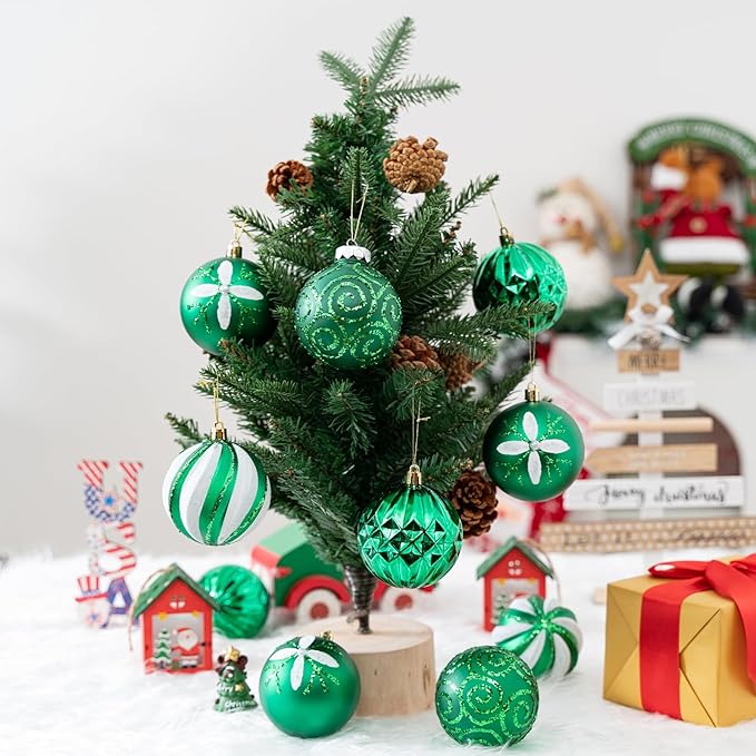 16Pcs Christmas Ball Ornaments Set, 3.15" Shatterproof Christmas Ornaments, Luxury Glitter Hanging Ornaments for Xmas Tree, Xmas Holiday, Party, Wedding (Green)
