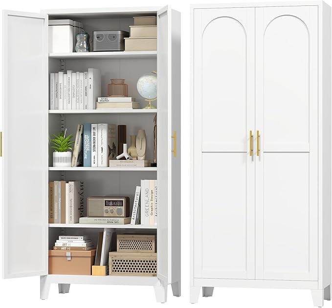 70.87" H Metal Kitchen Pantry Cabinet, Freestanding Cupboard with 2 Doors and 4 Adjustable Shelves, Tall Metal Storage Cabinet for Kitchen, Bathroom, Dinning Room or Laundry Room (White)