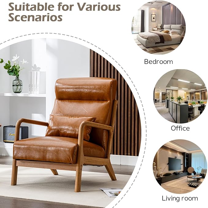 INZOY Mid Century Modern Accent Chair with High Back, PU Leather Reading Armchair with Waist Cushion, Upholstered Wood Frame Living Room Chairs for Bedroom Sunroom, Camel