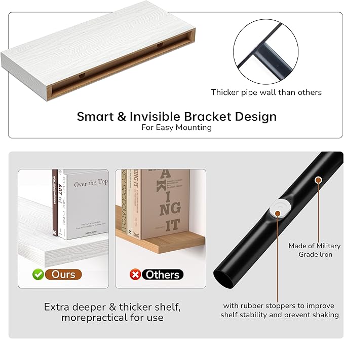 Fun Memories Floating Shelves - 16 Inch Rustic White Wall Shelf - Wall Mounted Shelves for Wall Decor Storage - Wooden Shelves with Invisible Brackets for Living Room, Bedroom, Kitchen, 2 Pack