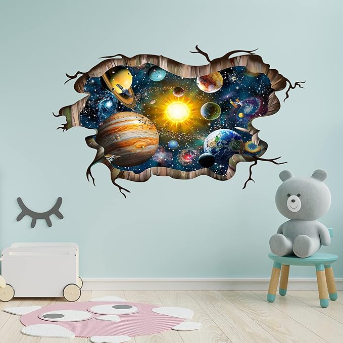 3D Broken Cosmic Galaxy Wall Decals, Magic Milky Way Outer Space Planet Wall Stickers, Creative Stars and Solar System Wallpaper for Kids Boys Floor Ceiling Living Room Bedroom Home Decor