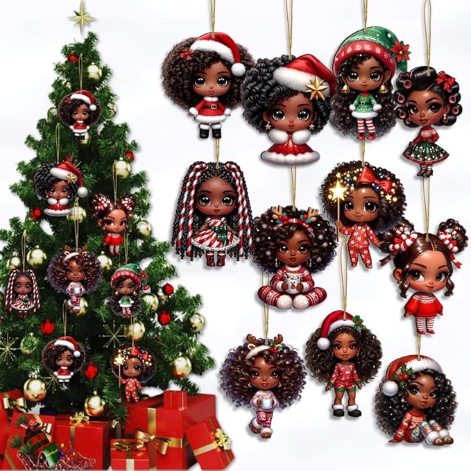 16pcs African American Black Chibi Girl Ornaments - Xmas/Christmas Wooden Decor, Gift Boxed for New Year/Carnival | Home/Window/Tree/Office/Classroom/Wine Bottle Party Deco, Black Heritage Pendants
