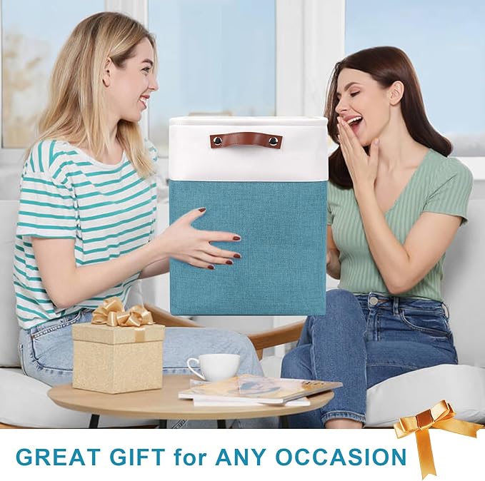 Large Fabric Storage Baskets | 50L Storage Bins, Decorative Linen Closet Baskets with Handles for Organizing, Shelf, Toys, Clothes, Home, Office, Nursery, 17x12x15Inches (Teal&White)