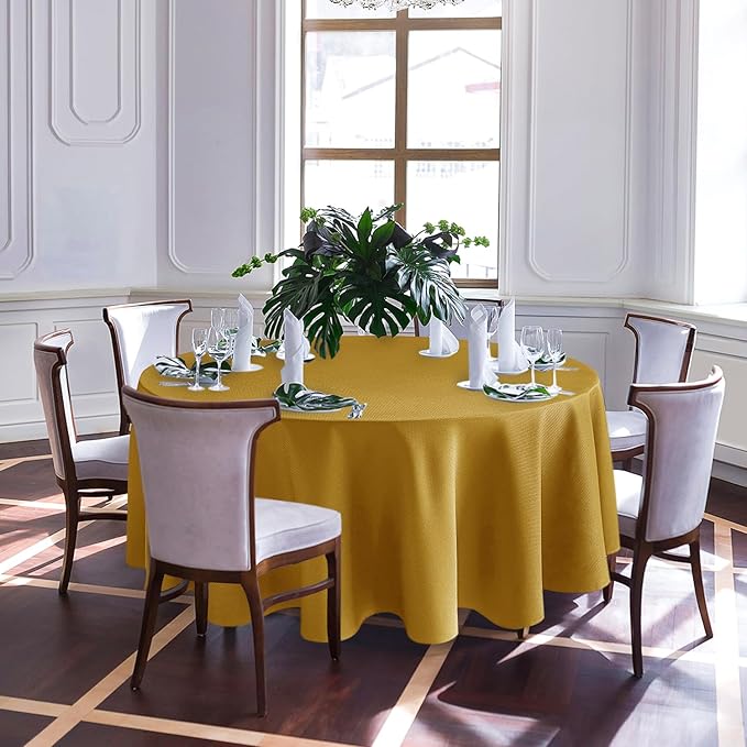 Biscaynebay Textured Fabric Christmas Round Table Cloth 90", Gold Water Resistant Washable Folding Table Covers for Dining, Kitchen, Wedding, Parties Machine Washable