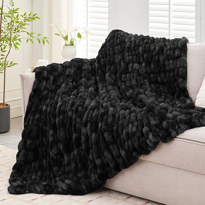 Ultra Soft Luxury Faux Fur Twin Blanket for Counch,Fuzzy Fluffy Plush Warm Cozy Elegant Wrinkled Blanket for Sofa Bedroom Living Room,(60"x80",Tie-dye Black)