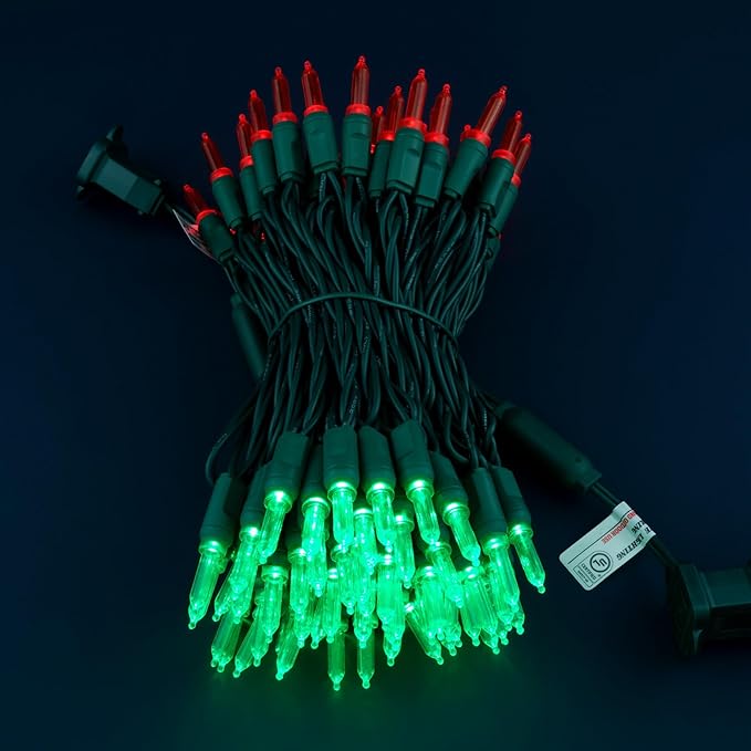 100 Red & Green One-Piece LED Christmas Lights, 33 ft Green Cord High Waterproof UL Certified T5 Outdoor String Lights (Red & Green)