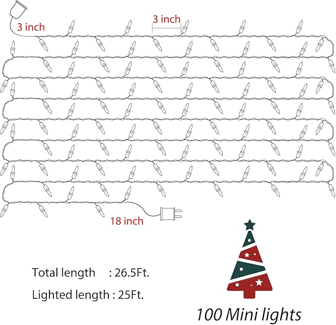 Minetom Clear Christmas Lights 2 Pack 26.5 Feet 100 Counts Mini String Lights Waterproof for Indoor Outdoor Patio Wreath Garden Wedding Party Thanksgiving Holiday Xmas Tree Decorations, Multicolored
