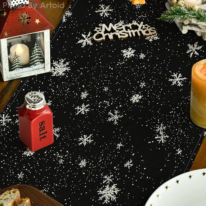 Artoid Mode Snowman Birds Trees Christmas Table Runner, Seasonal Black Winter Holiday Kitchen Dining Table Decoration for Home Party Decor 13 x 90 Inch