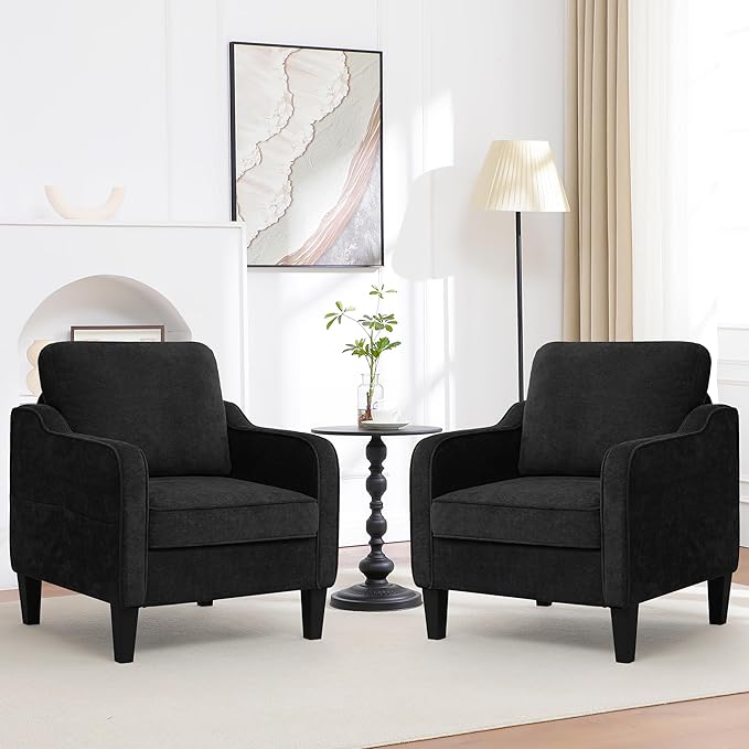 Accent Chair for Living Room, Mid Century Modern Reading Chair for Bedroom, Upholstered Armchair with Side Pockets, Comfy Single Sofa Side Chair for Office, Apartment, Small Room, Black