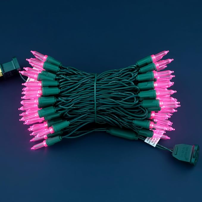 100 Pink One-Piece LED Christmas Lights, 33 ft Green Cord High Waterproof UL Certified T5 Outdoor String Lights (Pink)