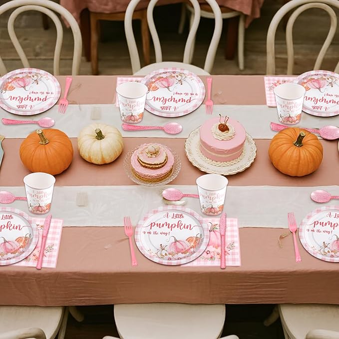 168 Pcs Pink Little Pumpkin Baby Shower Decorations Girl, A Little Pumpkin is on the Way Baby Shower Plates and Napkins Serves 24, Pink Gingham Fall Tableware for Autumn Sweet Girl