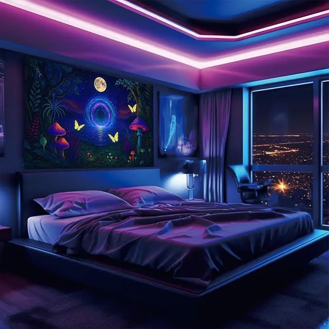 Starlit Patio Glowing Mushrooms Blacklight Tapestry UV Reactive Wall Hanging Psychedelic Portal Butterflies Moonlit Lake for Bedroom Dorm Living Room Fantasy Nature Decor Fluorescent Trippy Poster 78 x 59 Inch