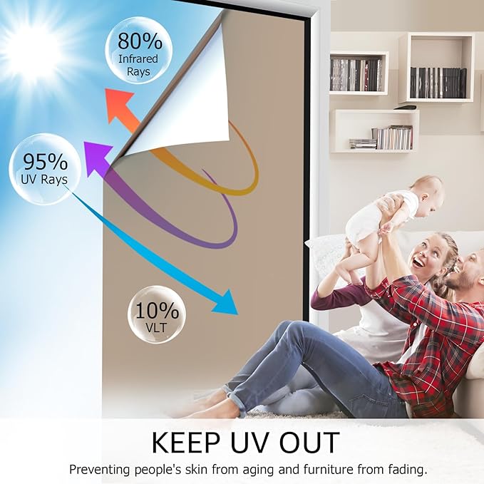 HIDBEA One Way Mirror Window Film, Daytime Privacy Sun Blocking Reflective Window Film Static Cling Heat Control Window Tinting Film for Home and Office, Brown Silver, 17.5 x 78.7 Inch