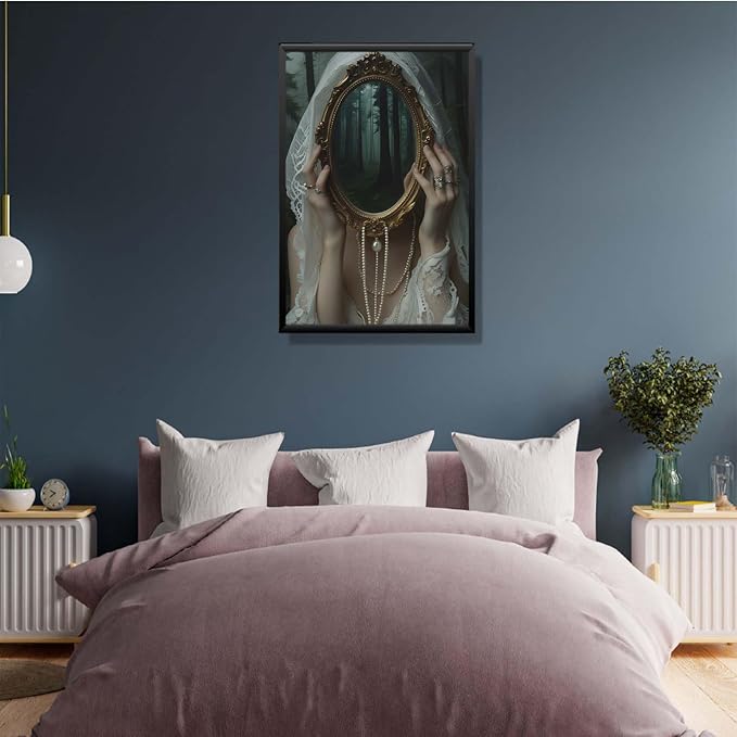 Mirror face covering dark art poster print melancholy gothic painting vintage feminine print victorian style decoration antique art20x30in Metal blackFramed