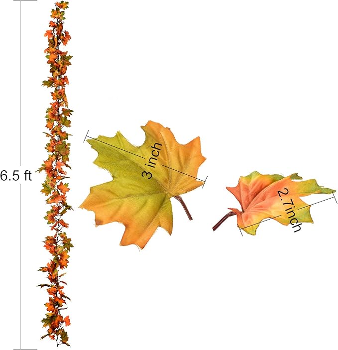 2 Pack Fall Maple Leaf Garland Clearance - 6.5ft/Piece Artificial Foliage Garland Autumn Hanging Fall Leave Vines for Indoor Outdoor Wedding Thanksgiving Dinner Party Decor