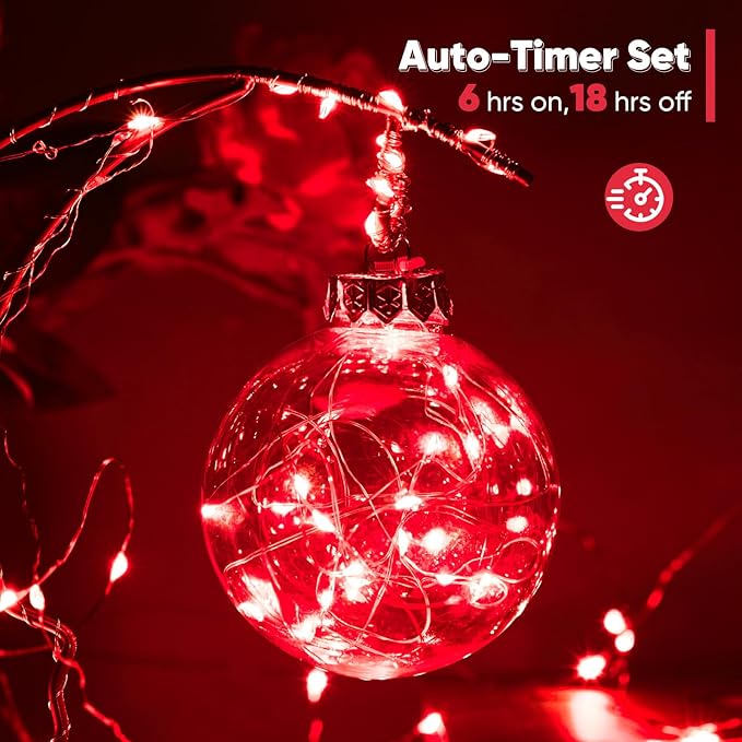 1 Pack 32.8 Ft. Battery Operated Outdoor String Lights with Remote & Timer, LED Red Fairy Lights, Waterproof Twinkle Lights for Bedroom, Dorm, Mason Jar, Wedding, Party, Christmas