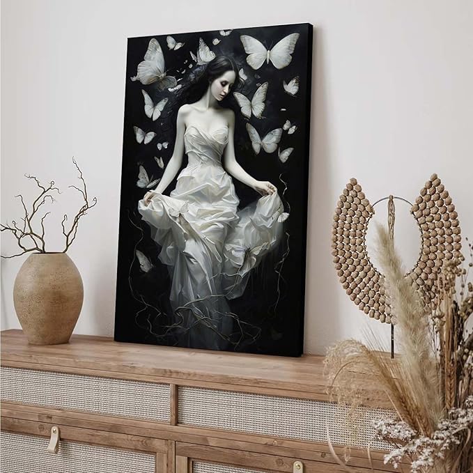 Vintage Gothic Feminine Canvas Wall Art Print Butterfly Poster Moody Preppy Wall Art Dark College Decor for Home Bedroom20x30in Wood Framed