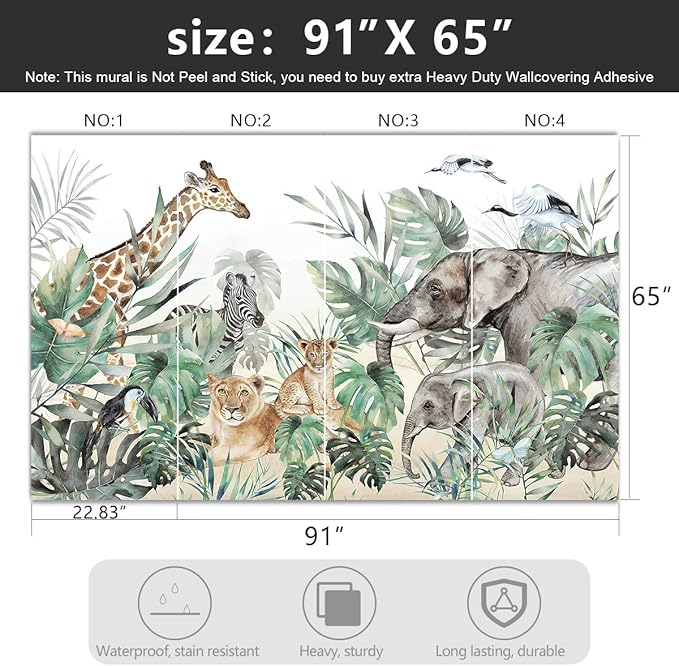 '-Tropical Rainforest Plants Animals Tigers Fabric Wallpaper Jungle Plants Banana Leaves Boys Girls Kindergarten Children Bedroom Large Mural- 91"x65"( not Peel and Stick)