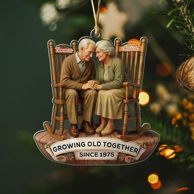 Personalized Growing Old Together Christmas Ornament 2025, Old Couple Sitting On Rocking Chairs Shaped Ornament Gift for Parents Grandparents,Custom Text Name Mr Mrs Ornaments for Wedding Anniversary