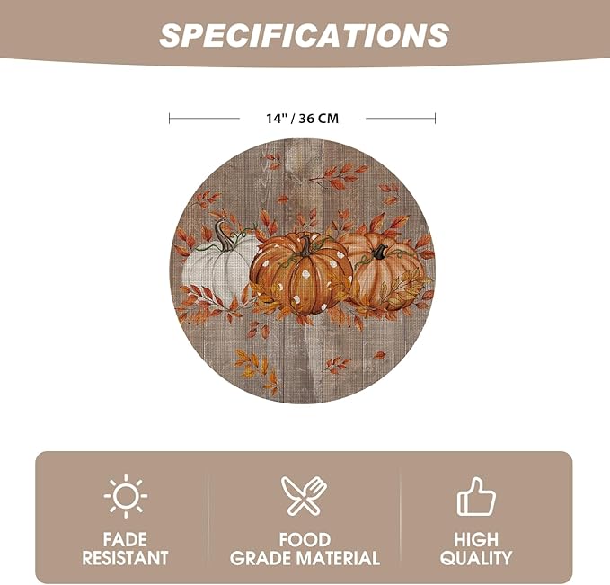 Artoid Mode Maple Leaves Pumpkins Plastic Round Fall Placemats Set of 4, 14 Inch Wipeable Woven Vinyl Table Mats for Farmhouse Party Kitchen Dining Decor
