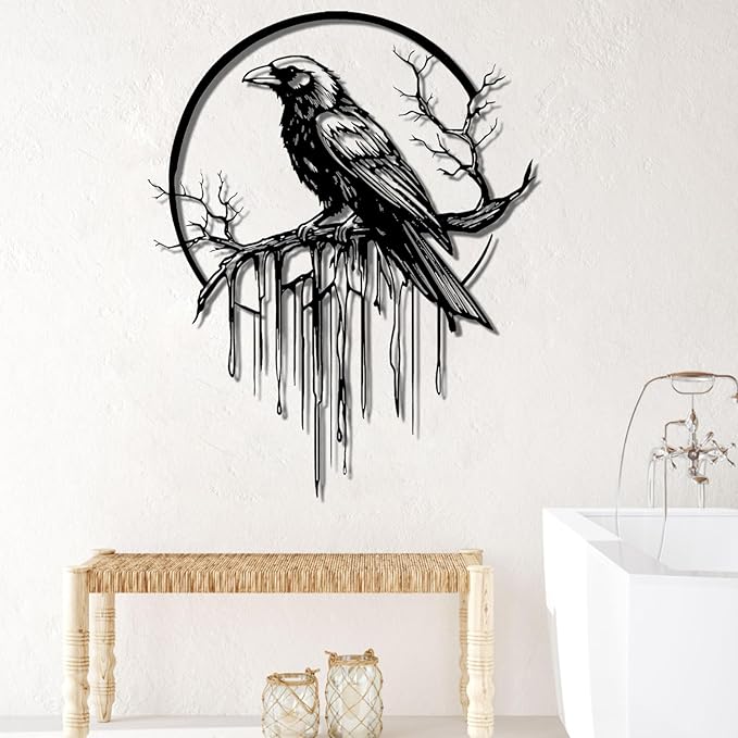 Crow Metal Wall Decor, Raven Wall Art, Large Gothic Raven Decor Hangings, Bird Wall Decor, Metal Tree Branch Decor, Ravens Sign, Raven Art for Living Room (Gold, 31"x25" | 80x64cm, metal wall art)