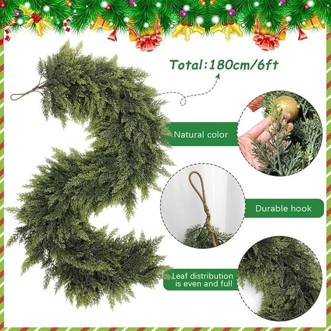 6 Ft Artificial Cedar Garlands – Real Touch Winter Greenery, Realistic Artificial Cedar Tree Christmas Pine Garland Decorations for Table Mantle Wall Indoor Fireplace Holiday Party (4ft, 1)