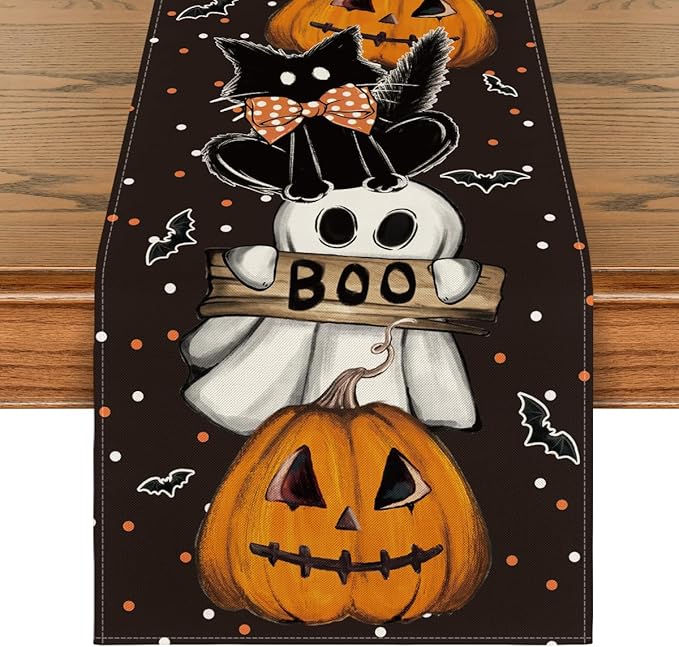 Artoid Mode Polka Dot Ghost Pumpkin Cat Boo Halloween Table Runner, Bat Seasonal Fall Kitchen Dining Table Decoration for Home Party Decor 13x72 Inch