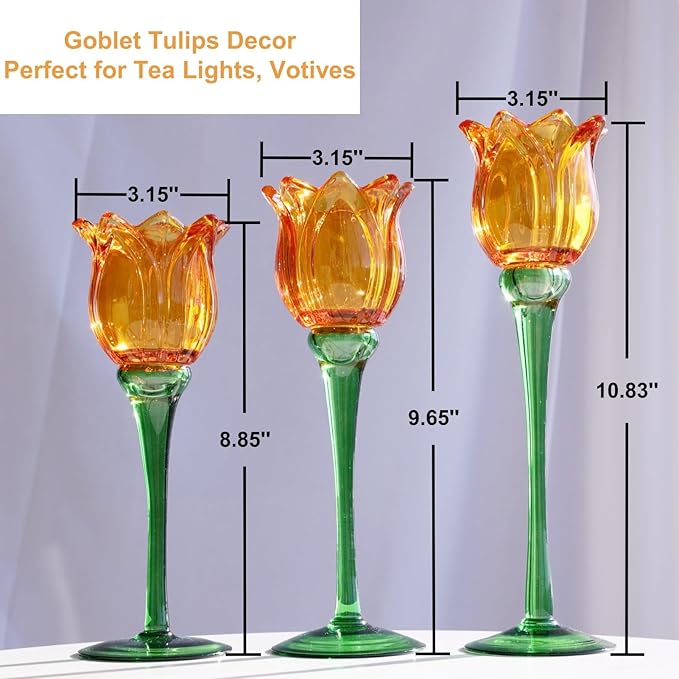 VOHO Orange Tulips Votive Candle Holders for Spring Decor, Elegant Tall Glass Candle Holder Centerpiece Table Decorations, Tulip Tealight Candle Holder for Wedding for Women(Set of3)
