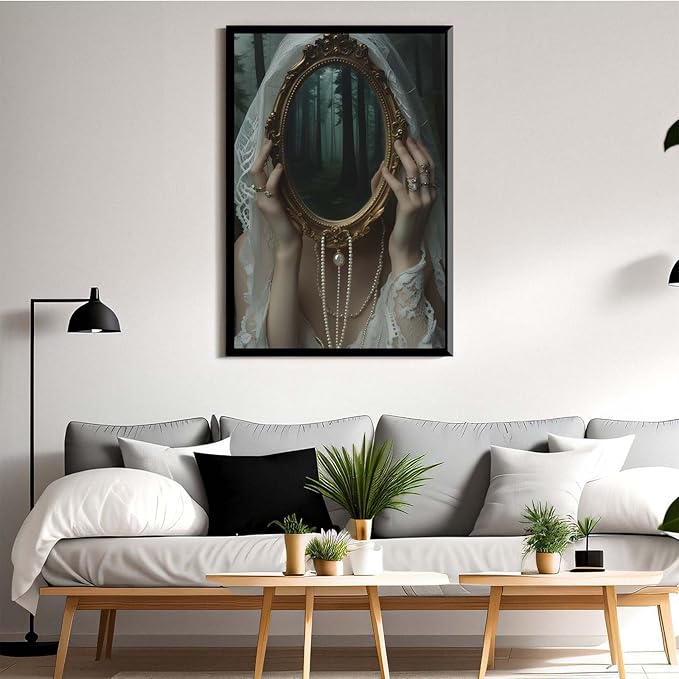 Mirror face covering dark art poster print melancholy gothic painting vintage feminine print victorian style decoration antique art24x36in Metal blackFramed