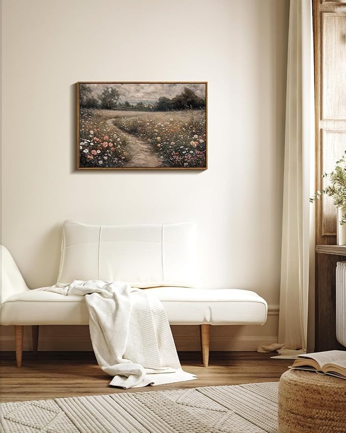VIYYIEA Framed Canvas Wall Art Home Decor Vintage Large Landscape Country Wildflower Paintings Farmhouse Pictures Floral Artwork Rustic Flower Prints Cottagecore Living Room Bedroom Bathroom 20x30in