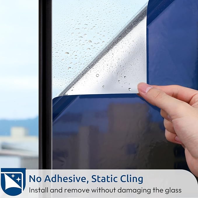 rabbitgoo Window Privacy Film One Way Window Tint for Home, Removable Reflective Heat Sun Blocking Anti UV Glass Door Covering, Mirror Tinting Film House Office, 35.4 in X 9.8 Feet, Blue Silver
