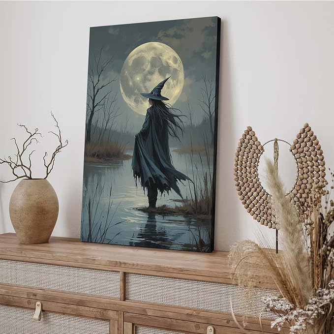 Witch in the moonlight magic canvas wall art enchanting Halloween home decor swamp witch silhouette oil painting mysterious gothic aesthetic wall decor print poster8x12in Wood Framed