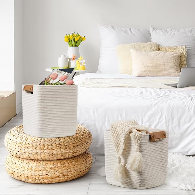 danpinera Set of 3 11 Inch Storage Baskets, Cube Storage Bins, White Woven Baskets with Stable Leather Handles, Square Cotton Rope Bins for any Room, Easy to Recover