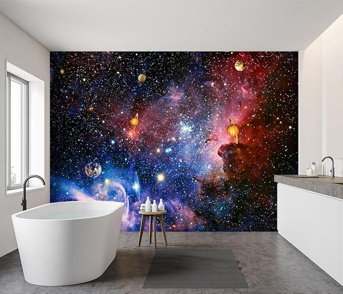'-Galaxy Universe Planet Ceiling Fabric Wallpaper Boys Girls Nursery Starry Sky Children Bedroom Bathroom Large Mural- 91"x65"( not Peel and Stick)