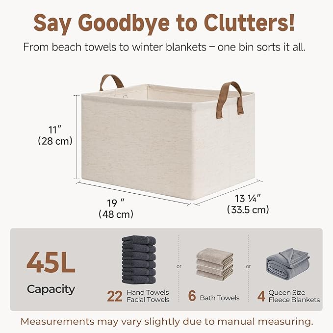 StorageWorks Storage Bins, Shelves Baskets for Organizing, 45L Extra Large Fabric Closet Organizers with Handles, Metal Frame, Beige(Cotton-linen), 2-Pack