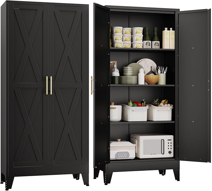 61" H Metal Kitchen Pantry Storage Cabinet, Freestanding Cupboard with 2 Doors and 3 Adjustable Shelves, Standing Storage for Kitchen, Bathroom, Garage, Dinning Room or Utility Room(Black)