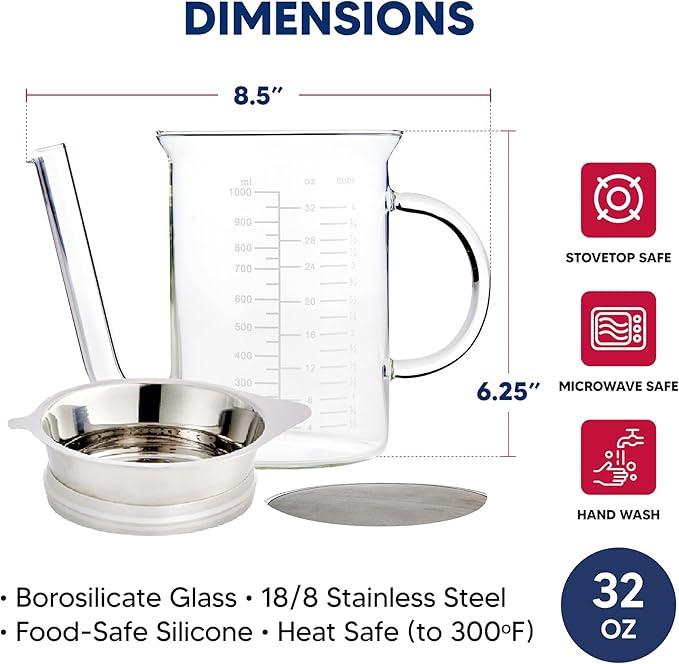 HIC Kitchen Roasting Fat Separator With Gravy Strainer, Borosilicate Glass 18/8 Stainless Steel, and Silicone, Holds 32-Ounces