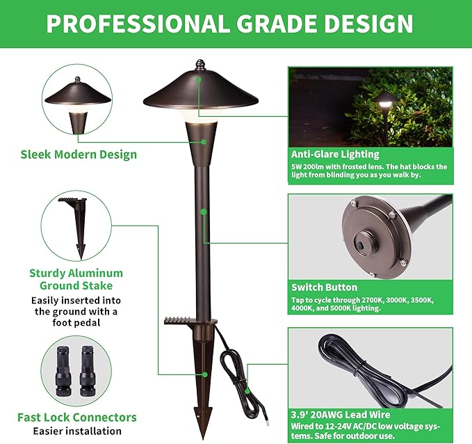 Outdoor Low Voltage Pathway Light - 5CCT Adjustable Walkway Lights LED, 12V Landscaping Pathlights, Mushroom Shape Driveway Lighting Waterproof IP65 ORB Aluminum for Sidewalk Lawn (10 Pack)