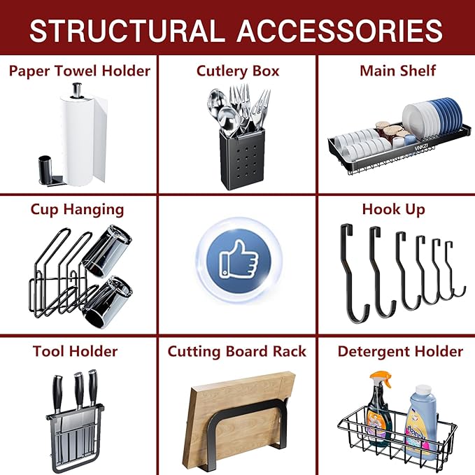 VNKZI Over Sink Dish Drying Rack, 2 Tier Full Stainless Steel Storage Adjustable Length (25.98'' to 36.61'') Kitchen Rack, Multifunctional Expandable Counter Organizer, Space Saver Dish Rack