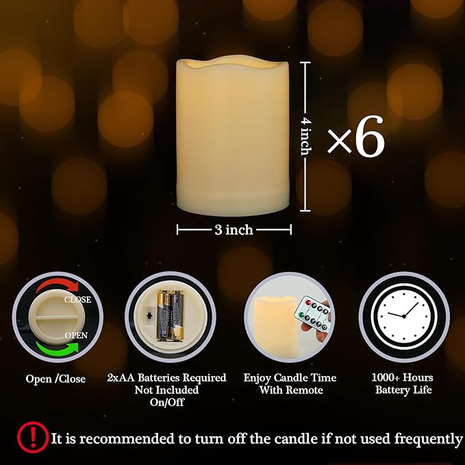 3" x 4" Flameless Candles with Remote and Timer, Waterproof Outdoor Battery Operated Flickering LED Flameless Pillar Candles for Weeding Birthday Decoration, Ivory, Plastic, Set of 6