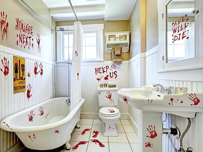 Halloween Window Clings Decorations, Bloody Handprint and Footprint Stickers, Scary Halloween Party Decor for Windows and Cars, Indoor/Outdoor Use - 12 Sheets