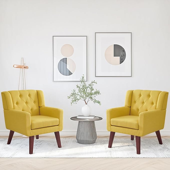 Accent Chairs Set of 2, Button-Tufted Upholstered Living Room Chairs Set of 2, Comfy Reading Chair Mid Century Modern Chairs with Linen Fabric Lounge Arm Chairs for Bedroom (Bright Yellow)