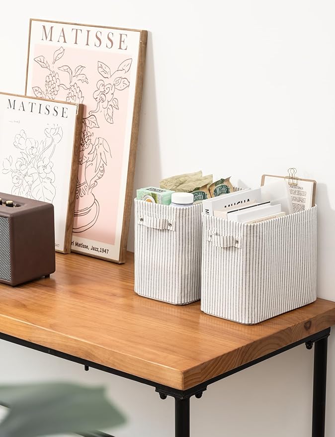 StorageWorks Narrow Storage Bins, Small Basket for Closet and Shelves, Rectangular Fabric Organizer with Handles, Toilet Paper Storage, Gray and White Stripes, 2-Pack