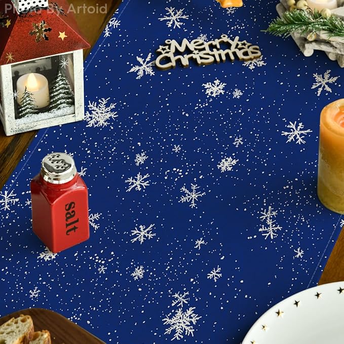 Artoid Mode Snowman Birds Trees Christmas Table Runner, Seasonal Blue Winter Holiday Kitchen Dining Table Decoration for Indoor Outdoor Home Party Decor 13 x 36 Inch