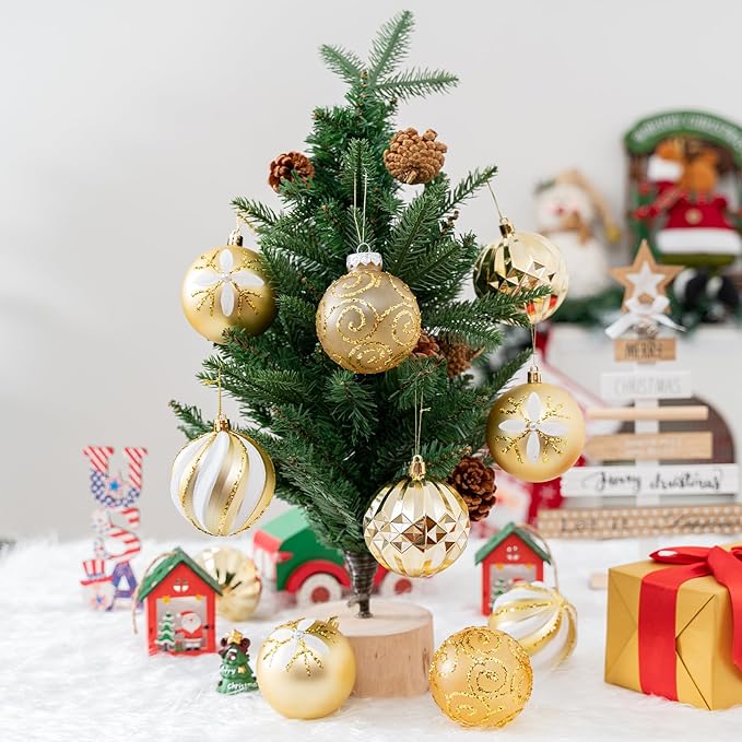 16Pcs Christmas Ball Ornaments Set, 3.15" Shatterproof Christmas Ornaments, Luxury Glitter Hanging Ornaments for Xmas Tree, Xmas Holiday, Party, Wedding (Gold)