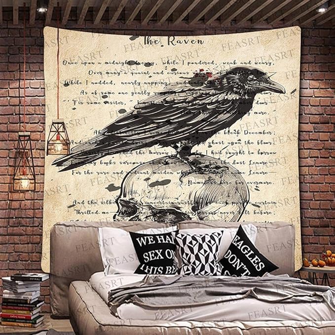 Tapestry Wall Hanging Ancient Raven Hymn Wall Decor for Gothic Rustic Home Room, 84x90 Inches Soft Flannelette, Gothic Skull and Raven Dictionary Poster GTQQAY1546