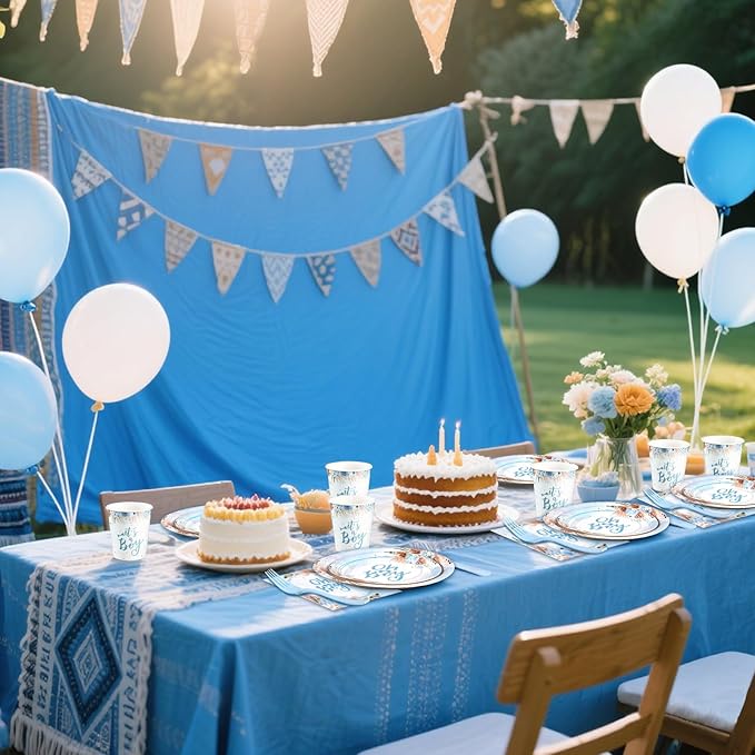 168 Pcs Baby Boy Shower Decorations, Its A Boy Baby Shower Decorations, Blue Baby Shower Plates and Cups and Napkins Sets Serves 24, Boho Fall Oh Baby