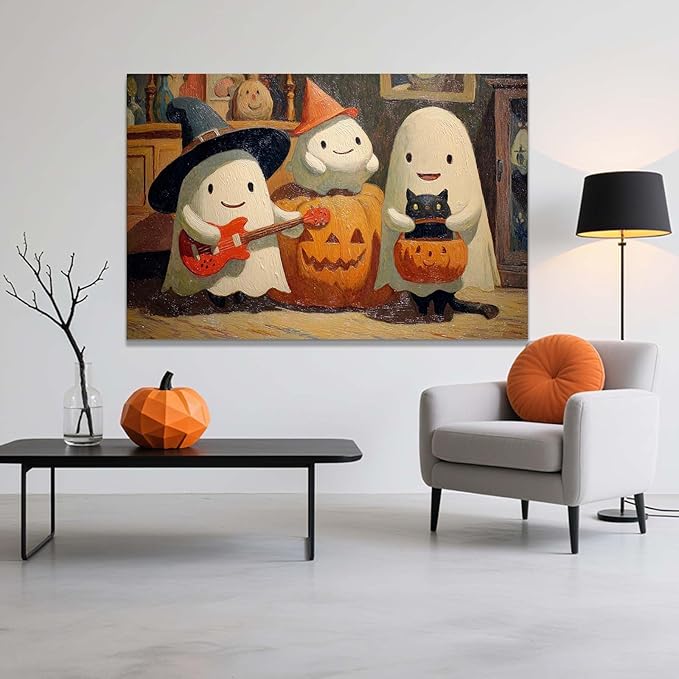 Laoife Vintage Halloween Canvas Wall Art, Autumn Pumpkin Cute Ghost Canvas Prints, Halloween Party House Decoration (Ghost 4)
